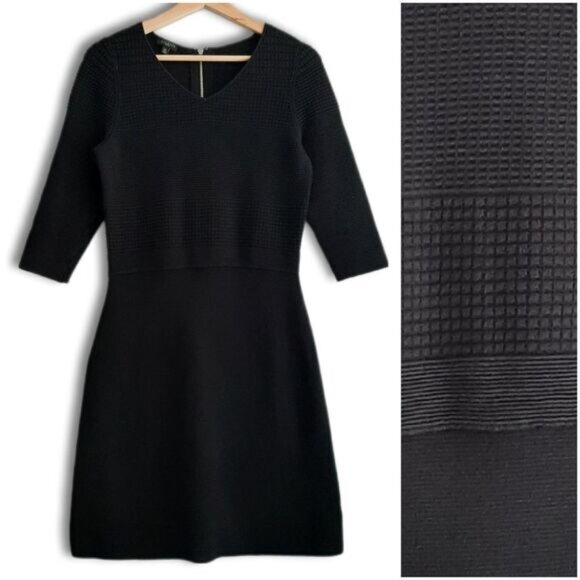 TALBOTS Sweater Textured Fine Knit V-Neck Dress Black Sz M P - Picture 1 of 15